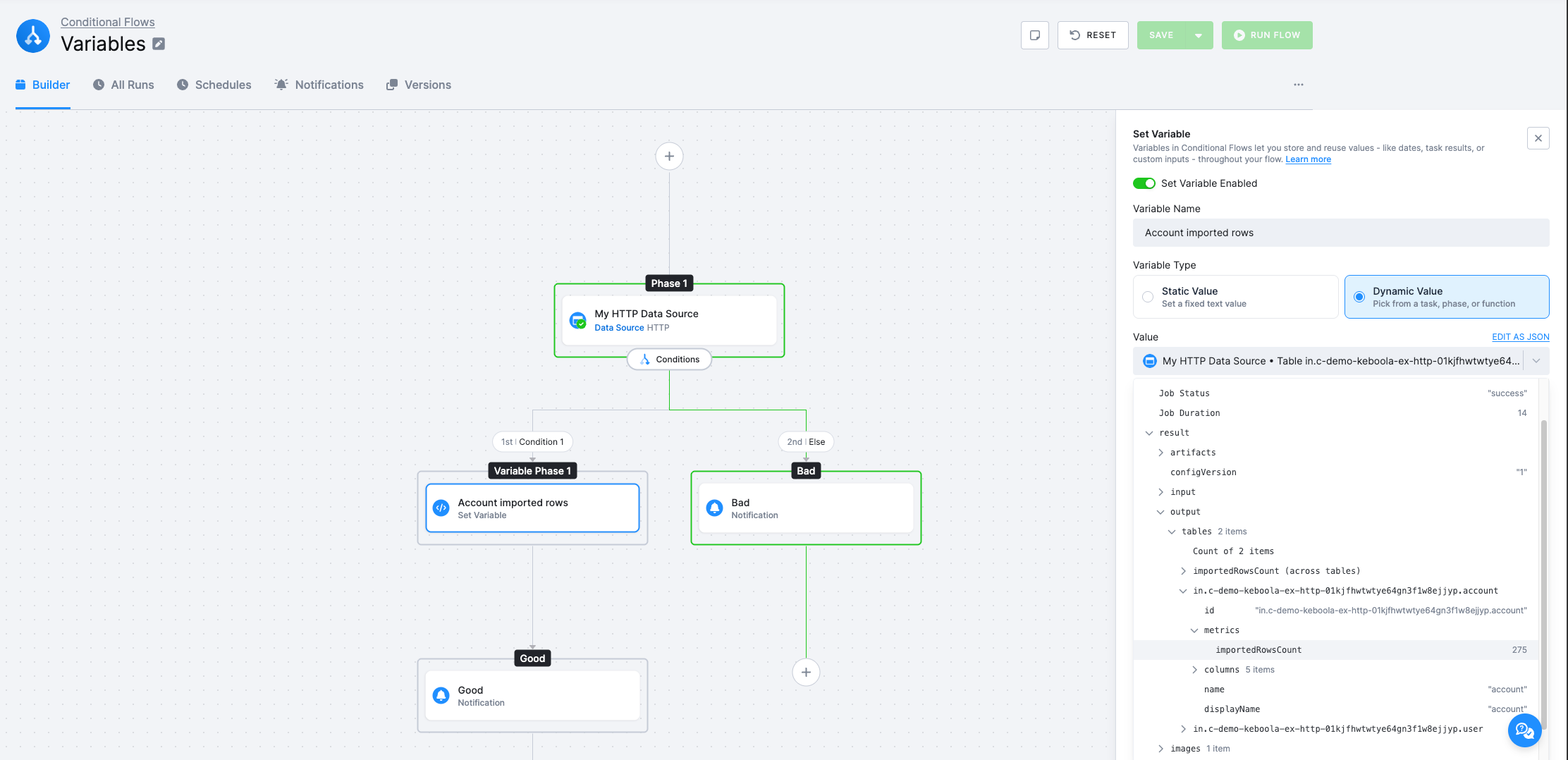 Set Variable panel in Conditional Flow
